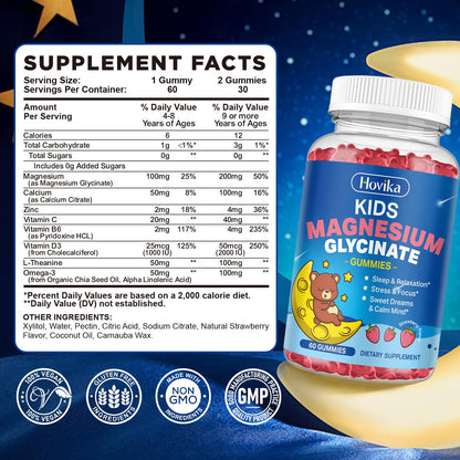 Magnesium Glycinate Gummies for Kids - with L-Theanine, Omega-3, Vitamin B6, D3, Zinc - Kids Magnesium Gummies for Sleep, Relaxation, Calm & Focus - Sugar Free Strawberry 60ct - dailyvitalstore