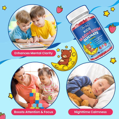 Magnesium Glycinate Gummies for Kids - with L-Theanine, Omega-3, Vitamin B6, D3, Zinc - Kids Magnesium Gummies for Sleep, Relaxation, Calm & Focus - Sugar Free Strawberry 60ct - dailyvitalstore