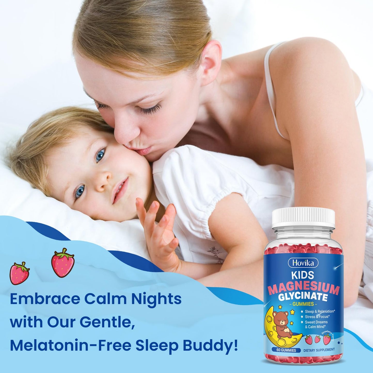 Magnesium Glycinate Gummies for Kids - with L-Theanine, Omega-3, Vitamin B6, D3, Zinc - Kids Magnesium Gummies for Sleep, Relaxation, Calm & Focus - Sugar Free Strawberry 60ct - dailyvitalstore