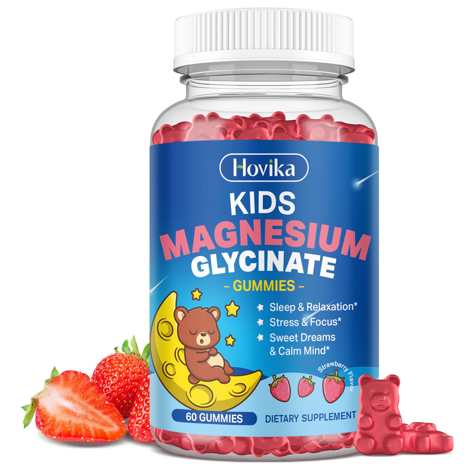 Magnesium Glycinate Gummies for Kids - with L-Theanine, Omega-3, Vitamin B6, D3, Zinc - Kids Magnesium Gummies for Sleep, Relaxation, Calm & Focus - Sugar Free Strawberry 60ct - dailyvitalstore