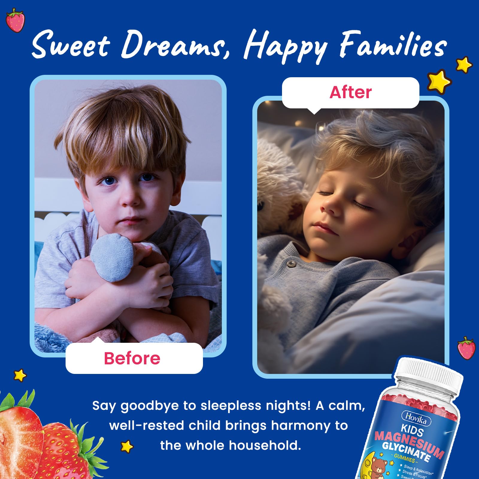 Magnesium Glycinate Gummies for Kids - with L-Theanine, Omega-3, Vitamin B6, D3, Zinc - Kids Magnesium Gummies for Sleep, Relaxation, Calm & Focus - Sugar Free Strawberry 60ct - dailyvitalstore
