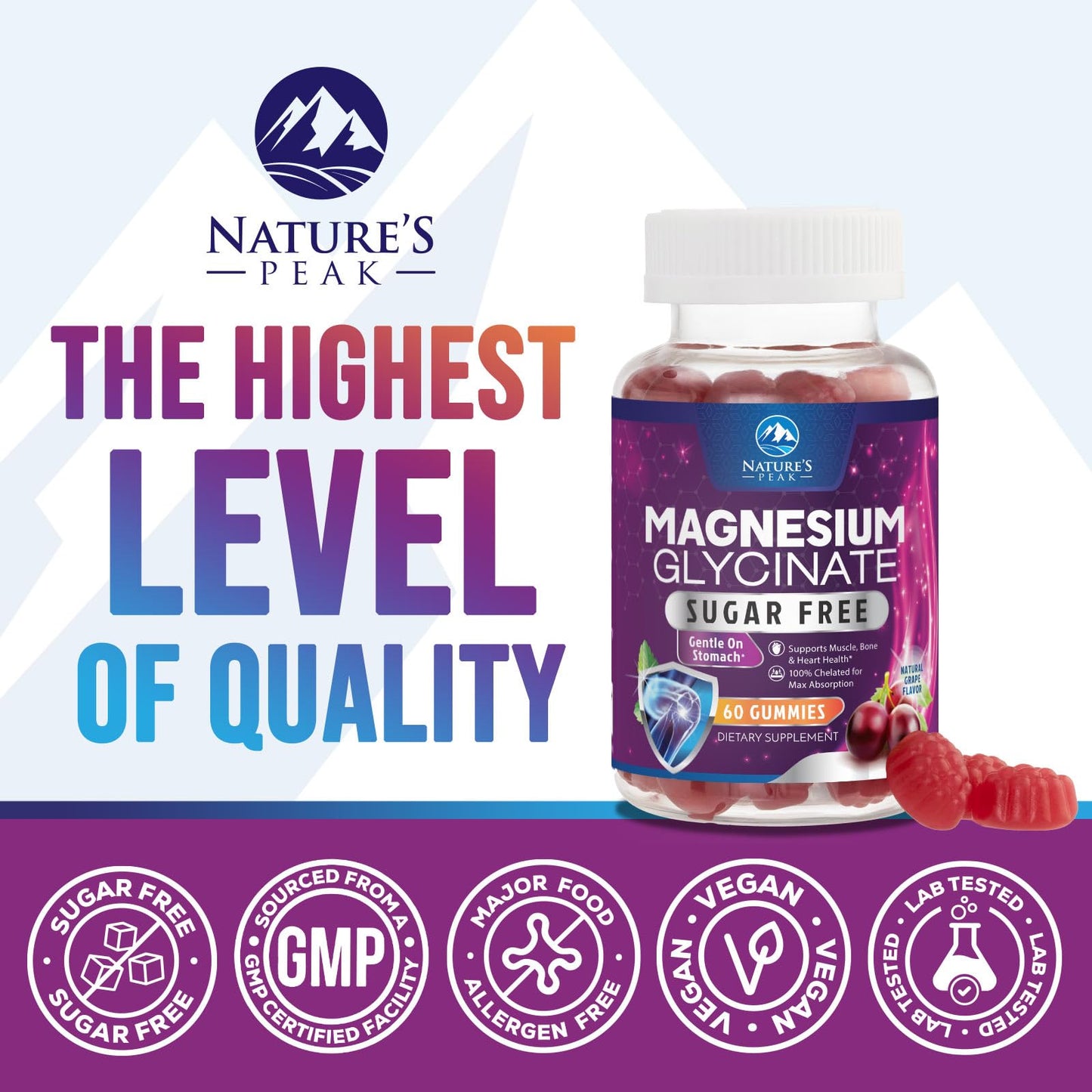 Magnesium Glycinate Gummies - Sugar Free - 100% Chelated Magnesium Gummy Supplement for Max Absorption - for Sleep Support & Heart, Muscle & Bone Health - Gentle on Stomach, Grape Flavor - 60 Gummies - dailyvitalstore