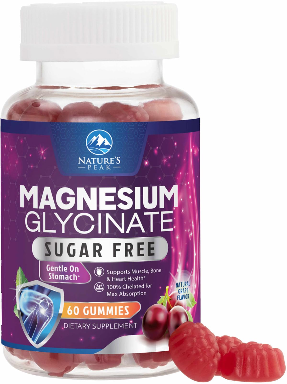 Magnesium Glycinate Gummies - Sugar Free - 100% Chelated Magnesium Gummy Supplement for Max Absorption - for Sleep Support & Heart, Muscle & Bone Health - Gentle on Stomach, Grape Flavor - 60 Gummies - dailyvitalstore