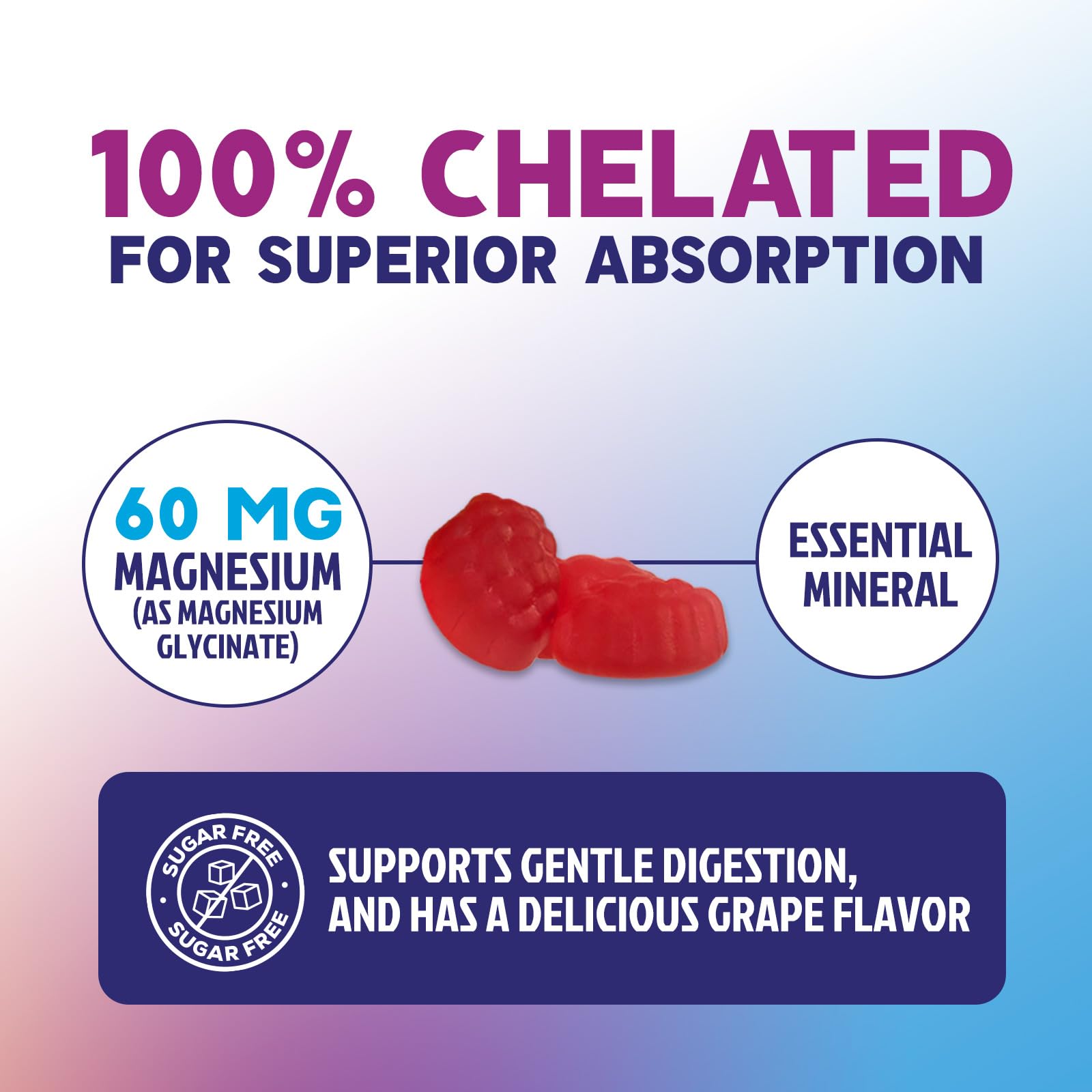 Magnesium Glycinate Gummies - Sugar Free - 100% Chelated Magnesium Gummy Supplement for Max Absorption - for Sleep Support & Heart, Muscle & Bone Health - Gentle on Stomach, Grape Flavor - 60 Gummies - dailyvitalstore