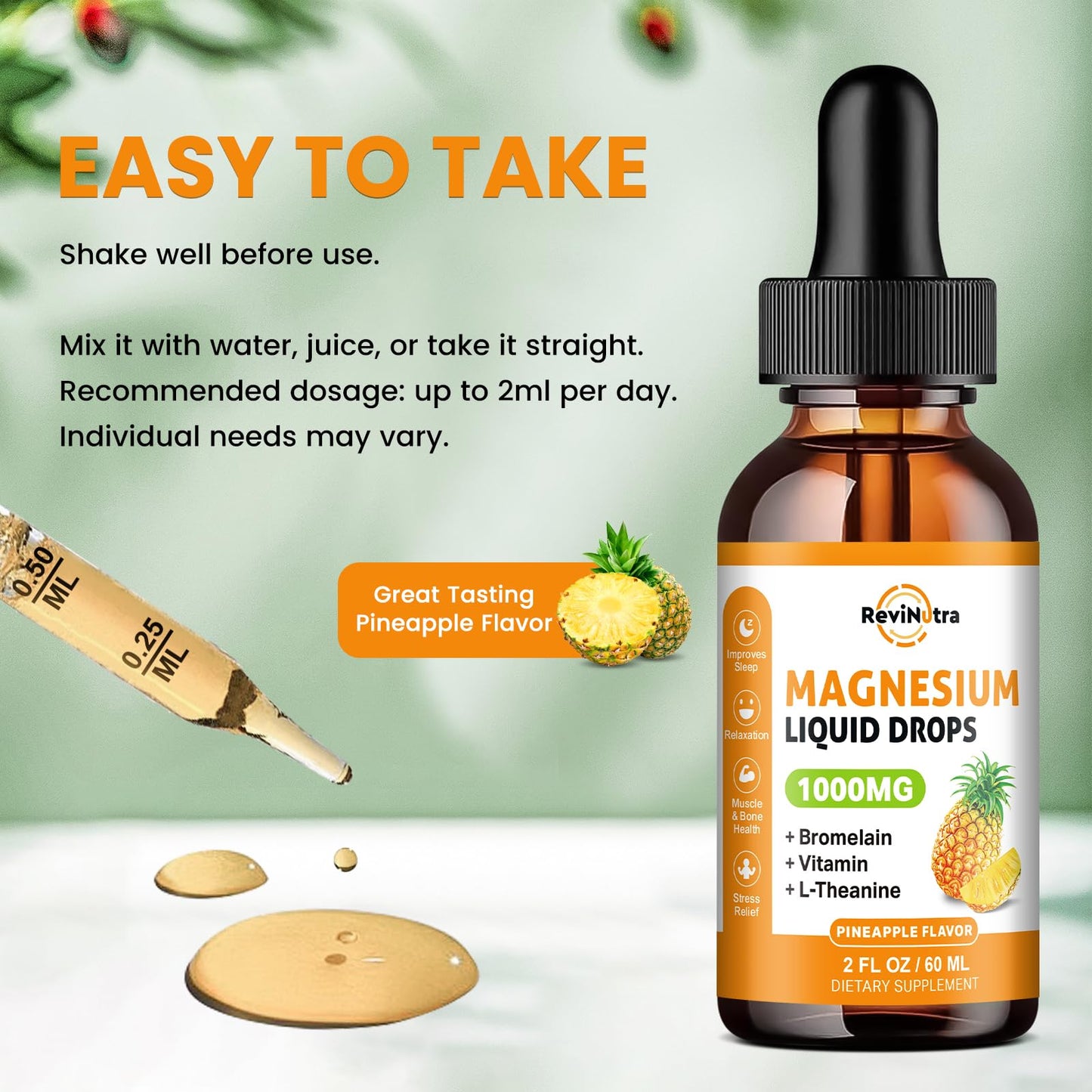 Magnesium Glycinate Liquid Drops, 1000mg of Liquid Magnesium Complex Supplement for Sleep, Nerve, Energy, Muscle, Bone, Calm & Digestion, High Absorption, 2 Fl Oz, Sugar-Free Pineapple Flavor - dailyvitalstore