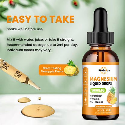 Magnesium Glycinate Liquid Drops, 1000mg of Liquid Magnesium Complex Supplement for Sleep, Nerve, Energy, Muscle, Bone, Calm & Digestion, High Absorption, 2 Fl Oz, Sugar-Free Pineapple Flavor - dailyvitalstore
