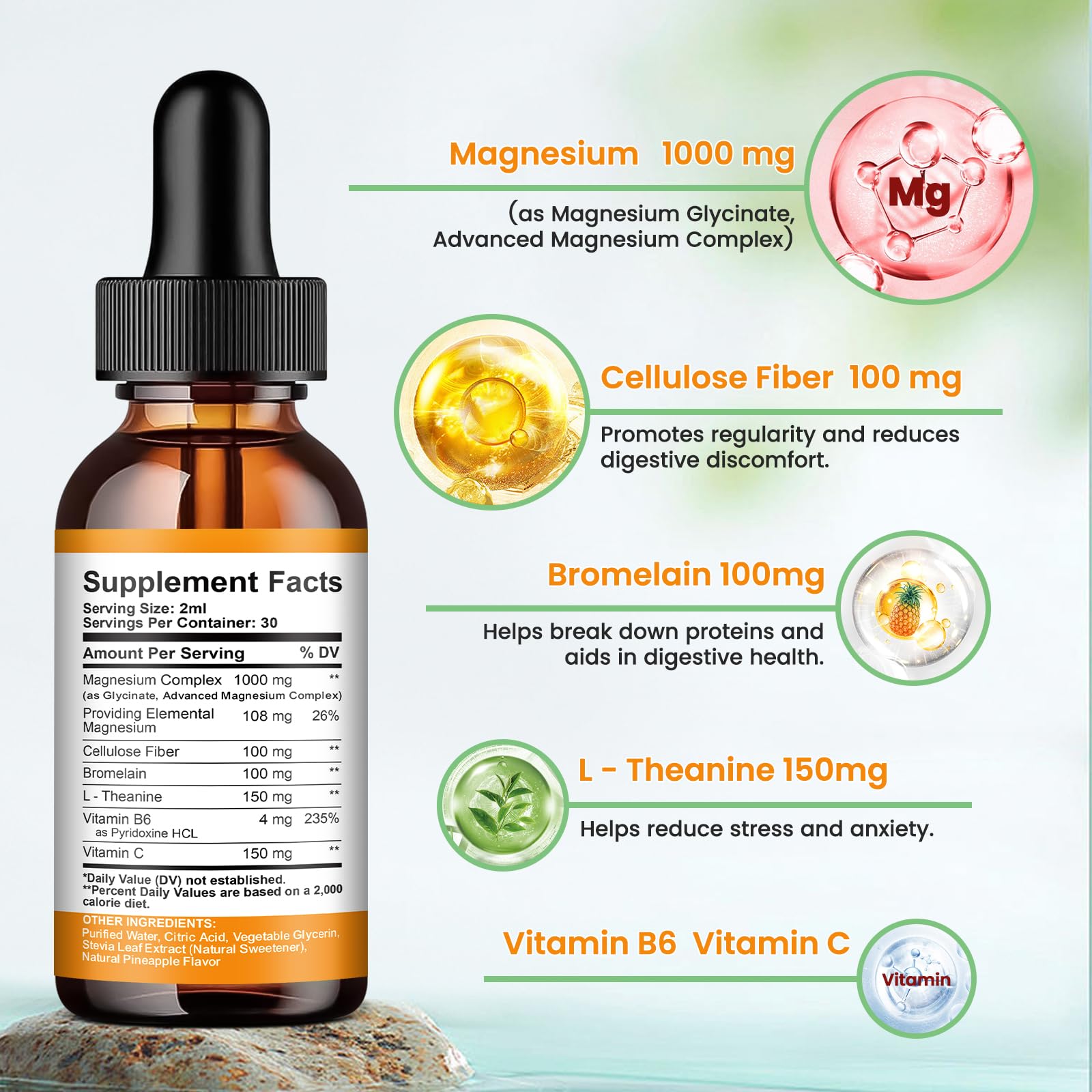 Magnesium Glycinate Liquid Drops, 1000mg of Liquid Magnesium Complex Supplement for Sleep, Nerve, Energy, Muscle, Bone, Calm & Digestion, High Absorption, 2 Fl Oz, Sugar-Free Pineapple Flavor - dailyvitalstore