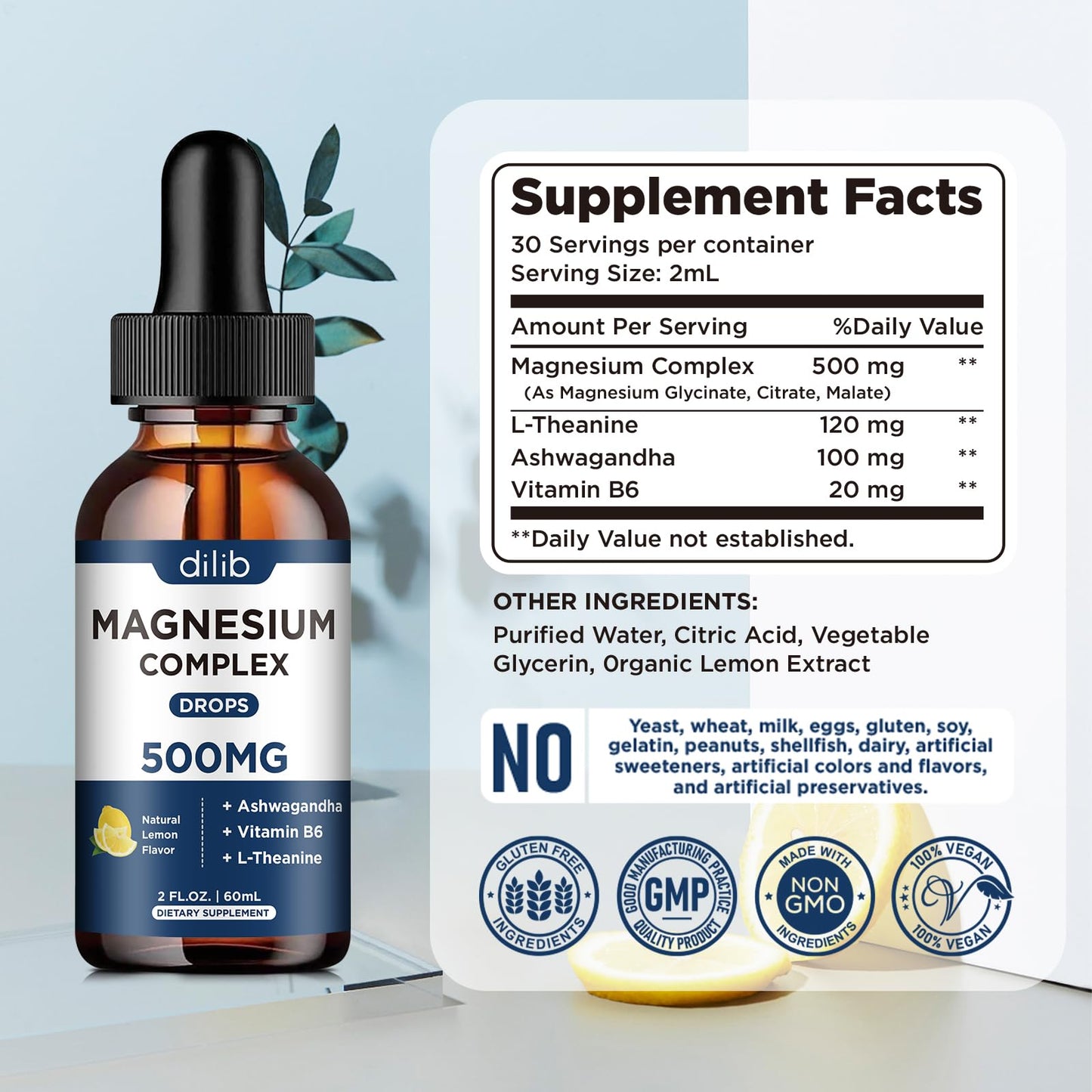 Magnesium Glycinate Liquid Drops, Triple Magnesium Complex Supplement with Citrate, Malate 500mg Ashwagandha, L-Theanine, Vitamin B6 for Sleep, Calm, Stress Relief, Bone, Muscle, Mood - Lemon Flavor - dailyvitalstore