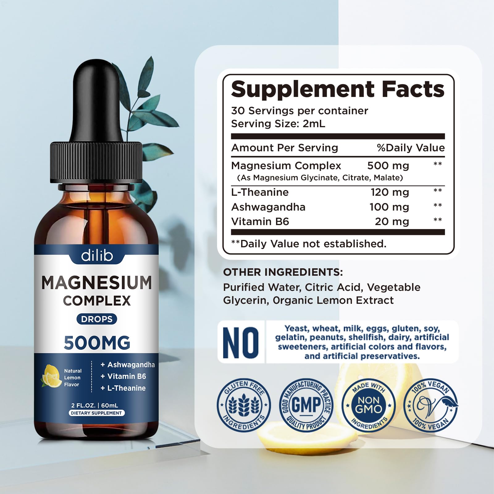 Magnesium Glycinate Liquid Drops, Triple Magnesium Complex Supplement with Citrate, Malate 500mg Ashwagandha, L-Theanine, Vitamin B6 for Sleep, Calm, Stress Relief, Bone, Muscle, Mood - Lemon Flavor - dailyvitalstore