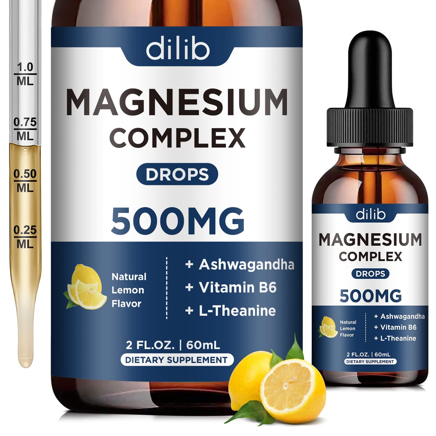 Magnesium Glycinate Liquid Drops, Triple Magnesium Complex Supplement with Citrate, Malate 500mg Ashwagandha, L-Theanine, Vitamin B6 for Sleep, Calm, Stress Relief, Bone, Muscle, Mood - Lemon Flavor - dailyvitalstore