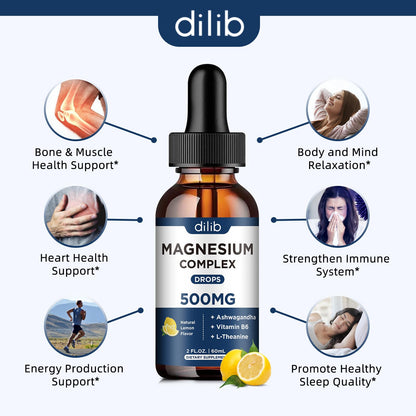 Magnesium Glycinate Liquid Drops, Triple Magnesium Complex Supplement with Citrate, Malate 500mg Ashwagandha, L-Theanine, Vitamin B6 for Sleep, Calm, Stress Relief, Bone, Muscle, Mood - Lemon Flavor - dailyvitalstore