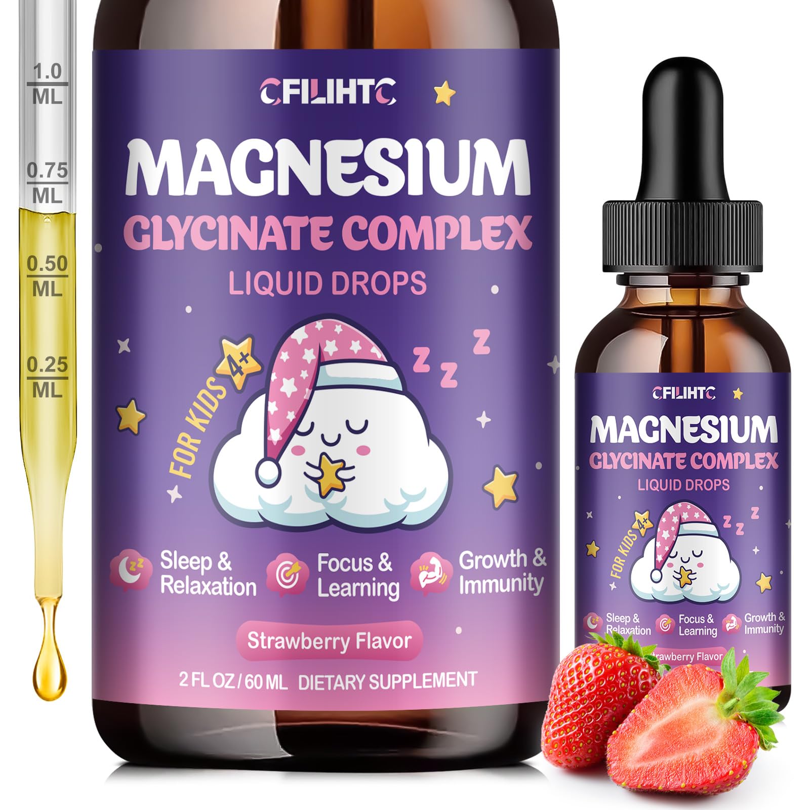 Magnesium Glycinate Liquid for Kids - Magnesium Bisglycinate Drops with L-Theanine, Chamomile & Vitamin B6, B12, C, D3 for Sleep, Relaxation, Immune Support, Calm & Focus - 2 Fl Oz, Strawberry Flavor - dailyvitalstore