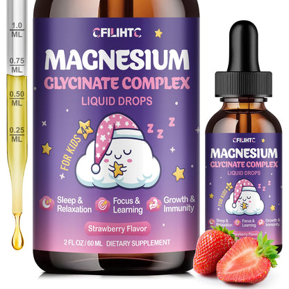 Magnesium Glycinate Liquid for Kids - Magnesium Bisglycinate Drops with L-Theanine, Chamomile & Vitamin B6, B12, C, D3 for Sleep, Relaxation, Immune Support, Calm & Focus - 2 Fl Oz, Strawberry Flavor - dailyvitalstore