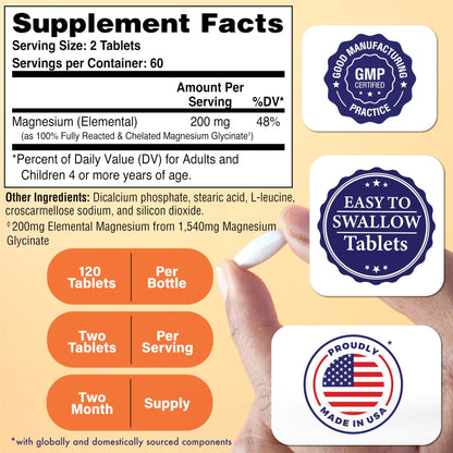 Magnesium Glycinate - Muscle, Nerves, Relaxation & Sleep Supplement | 200mg Elemental Magnesium Fully Reacted Chelated | Gentle on the Stomach | Non-GMO 120 Tablets | by Health Thru Nutrition - dailyvitalstore