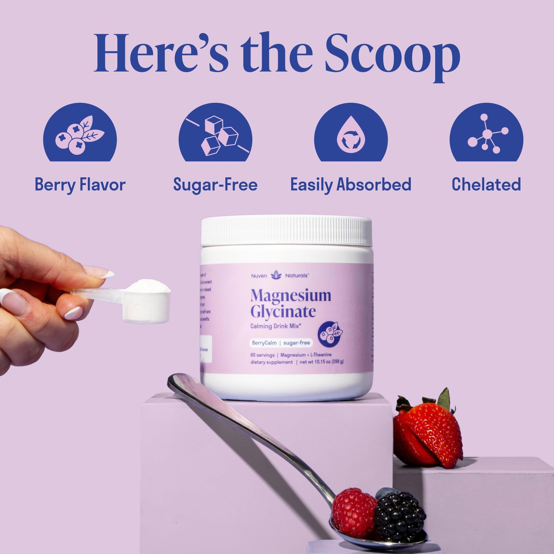 Magnesium Glycinate Powder + L-Theanine | 60 Servings | 300 mg per Scoop High Absorption Chelated Magnesium Powder for Sleep - Natural Mixed Berry Flavor, No Sugar, Support Restful Sleep & Relaxation - dailyvitalstore