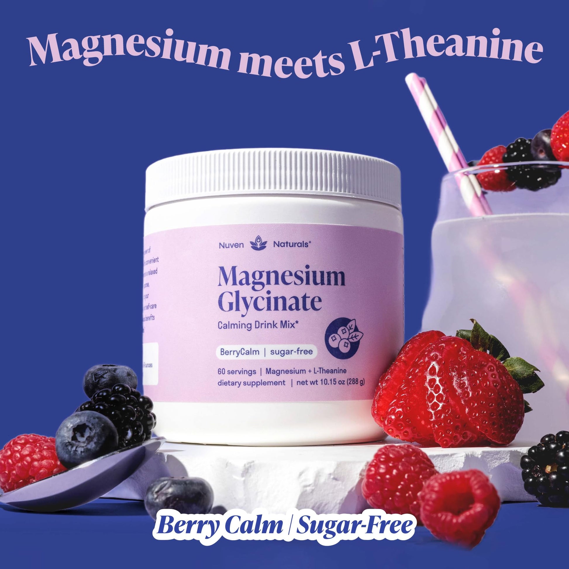 Magnesium Glycinate Powder + L-Theanine | 60 Servings | 300 mg per Scoop High Absorption Chelated Magnesium Powder for Sleep - Natural Mixed Berry Flavor, No Sugar, Support Restful Sleep & Relaxation - dailyvitalstore