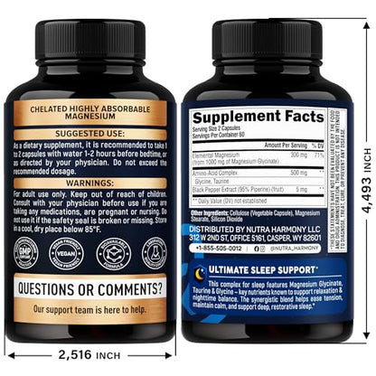 Magnesium Glycinate - Sleep & Relaxation Support - Extra Strength Glycinate, Glycine & Taurine 1500 mg - Magnesium Supplement for Women & Men - Chelated & High Absorption - Made in USA - 120 Capsules - dailyvitalstore