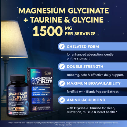 Magnesium Glycinate - Sleep & Relaxation Support - Extra Strength Glycinate, Glycine & Taurine 1500 mg - Magnesium Supplement for Women & Men - Chelated & High Absorption - Made in USA - 120 Capsules - dailyvitalstore