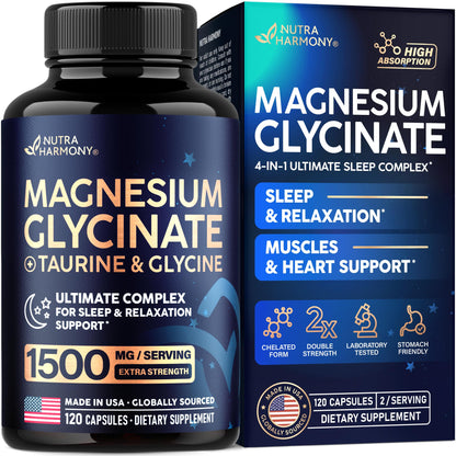 Magnesium Glycinate - Sleep & Relaxation Support - Extra Strength Glycinate, Glycine & Taurine 1500 mg - Magnesium Supplement for Women & Men - Chelated & High Absorption - Made in USA - 120 Capsules - dailyvitalstore