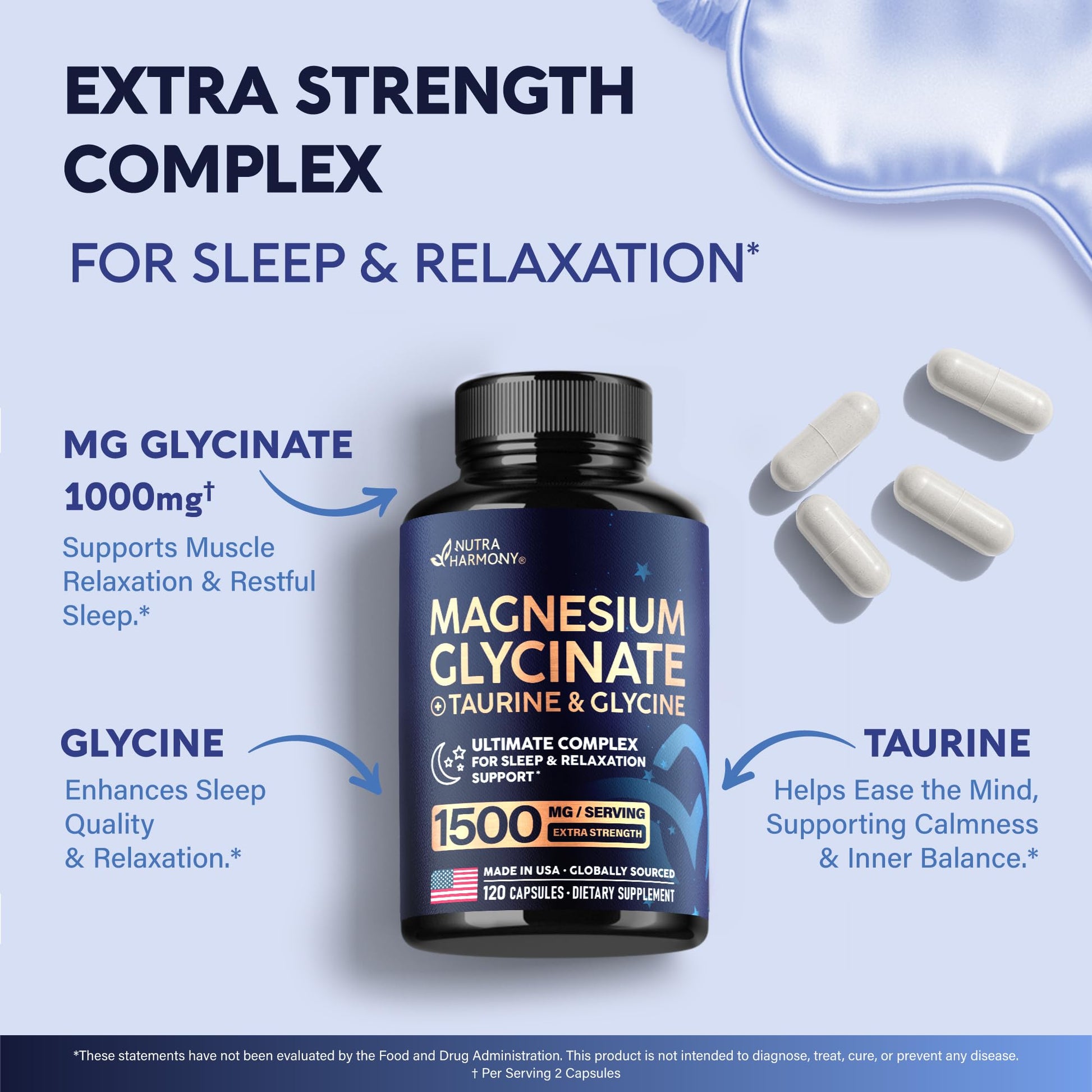 Magnesium Glycinate - Sleep & Relaxation Support - Extra Strength Glycinate, Glycine & Taurine 1500 mg - Magnesium Supplement for Women & Men - Chelated & High Absorption - Made in USA - 120 Capsules - dailyvitalstore