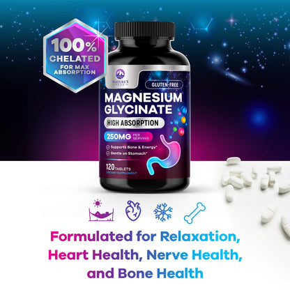 Magnesium Glycinate Supplement 250mg - 100% Chelated & Purified - to Support Sleep, Heart Health, Muscles, & Bone Strength - Best Absorption Magnesium Glycinate Capsules, Bottled in USA - 120 Tablets - dailyvitalstore