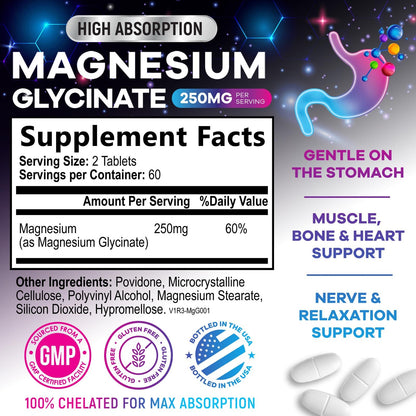 Magnesium Glycinate Supplement 250mg - 100% Chelated & Purified - to Support Sleep, Heart Health, Muscles, & Bone Strength - Best Absorption Magnesium Glycinate Capsules, Bottled in USA - 120 Tablets - dailyvitalstore