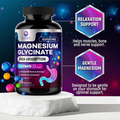 Magnesium Glycinate Supplement 250mg - 100% Chelated & Purified - to Support Sleep, Heart Health, Muscles, & Bone Strength - Best Absorption Magnesium Glycinate Capsules, Bottled in USA - 120 Tablets - dailyvitalstore