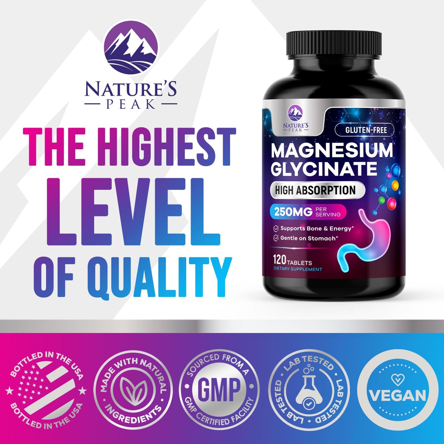 Magnesium Glycinate Supplement 250mg - 100% Chelated & Purified - to Support Sleep, Heart Health, Muscles, & Bone Strength - Best Absorption Magnesium Glycinate Capsules, Bottled in USA - 120 Tablets - dailyvitalstore