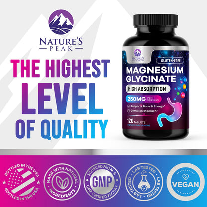 Magnesium Glycinate Supplement 250mg - 100% Chelated & Purified - to Support Sleep, Heart Health, Muscles, & Bone Strength - Best Absorption Magnesium Glycinate Capsules, Bottled in USA - 120 Tablets - dailyvitalstore
