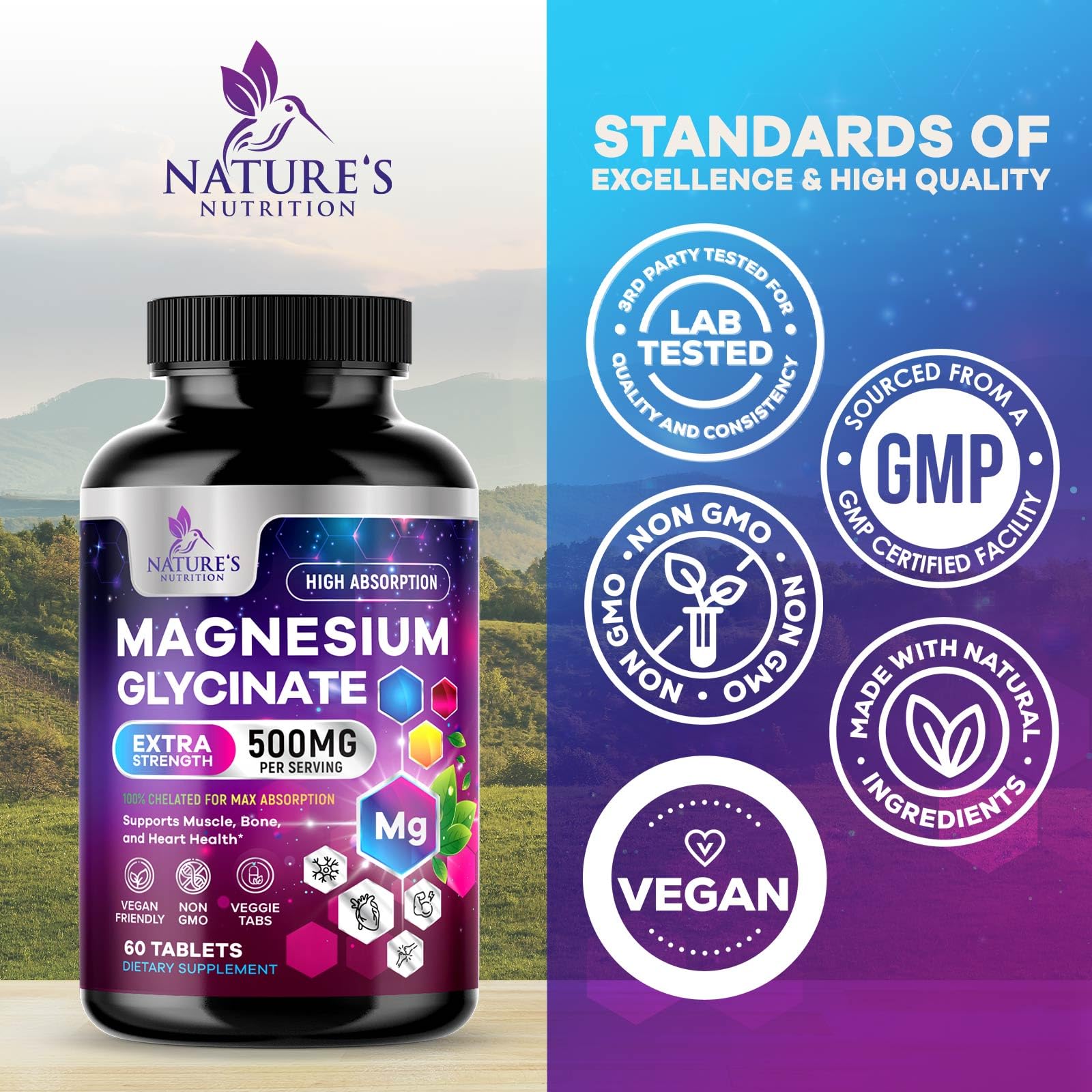 Magnesium Glycinate Supplement - 500mg Magnesium Per Serving - 100% Chelated & Purified - Supports Sleep, Heart Health, & Muscle Strength - Best Absorption Magnesium, Bottled in USA - 60 Tablets - dailyvitalstore