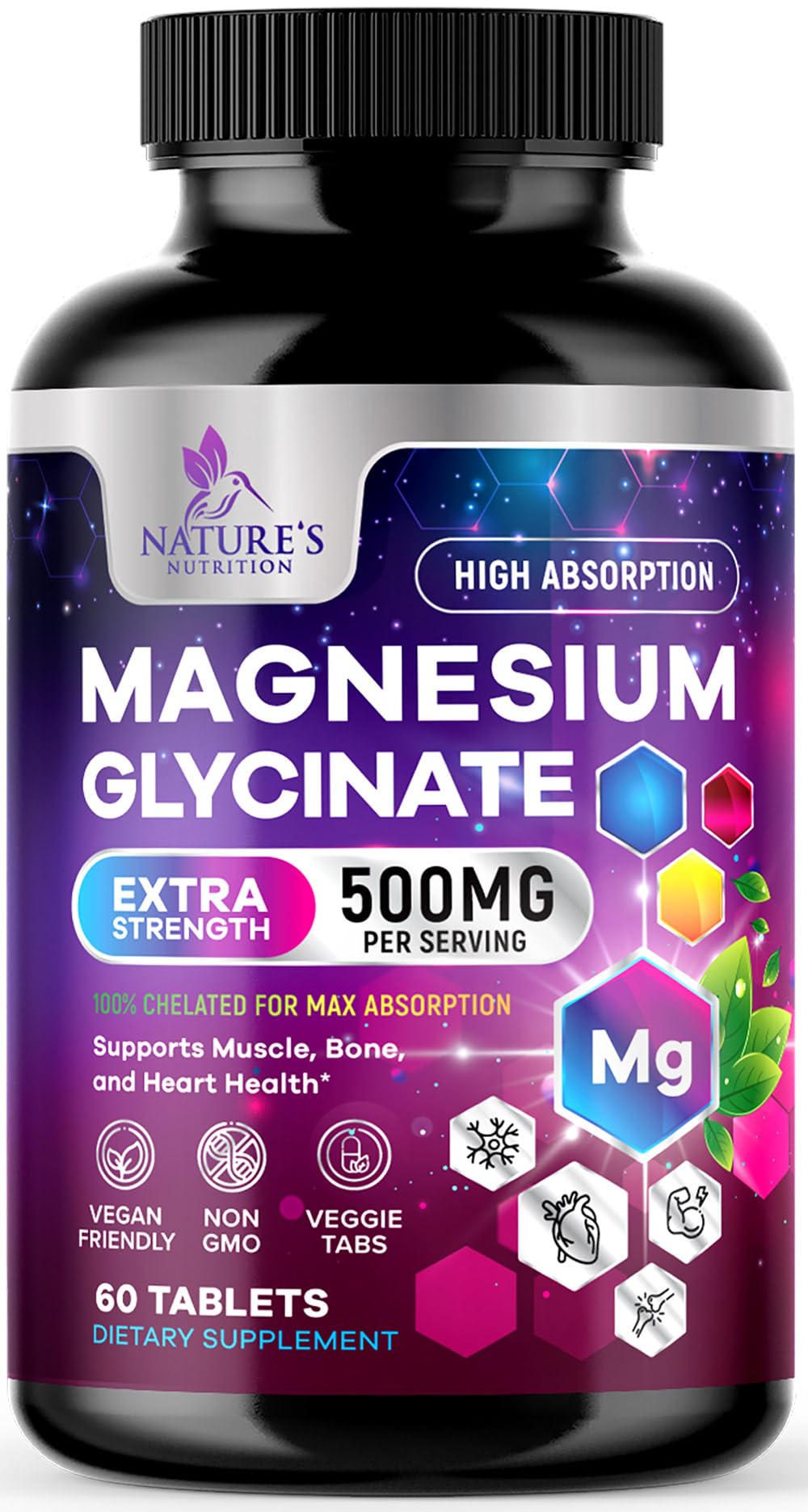 Magnesium Glycinate Supplement - 500mg Magnesium Per Serving - 100% Chelated & Purified - Supports Sleep, Heart Health, & Muscle Strength - Best Absorption Magnesium, Bottled in USA - 60 Tablets - dailyvitalstore