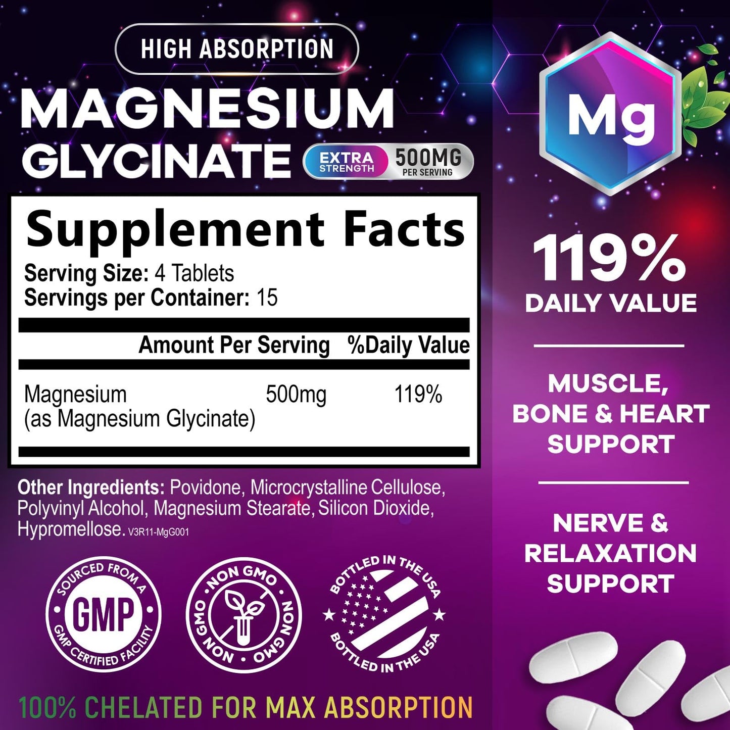Magnesium Glycinate Supplement - 500mg Magnesium Per Serving - 100% Chelated & Purified - Supports Sleep, Heart Health, & Muscle Strength - Best Absorption Magnesium, Bottled in USA - 60 Tablets - dailyvitalstore