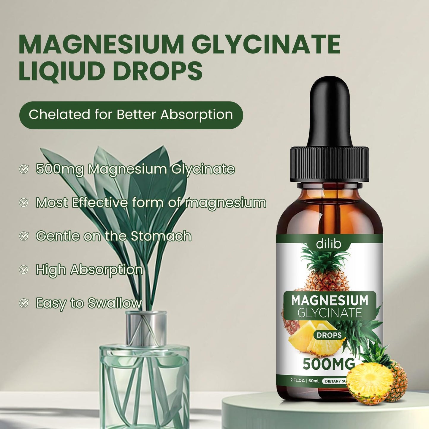 Magnesium Glycinate Supplement, Liquid Magnesium Glycinate Liquid Drops 500mg-Support Stress Relief, Relaxation, Mood, Sleep, Bone & Muscle-2 Fl Oz, Vegan, Pineapple Flavor - dailyvitalstore