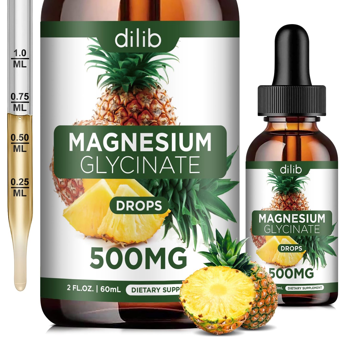 Magnesium Glycinate Supplement, Liquid Magnesium Glycinate Liquid Drops 500mg-Support Stress Relief, Relaxation, Mood, Sleep, Bone & Muscle-2 Fl Oz, Vegan, Pineapple Flavor - dailyvitalstore