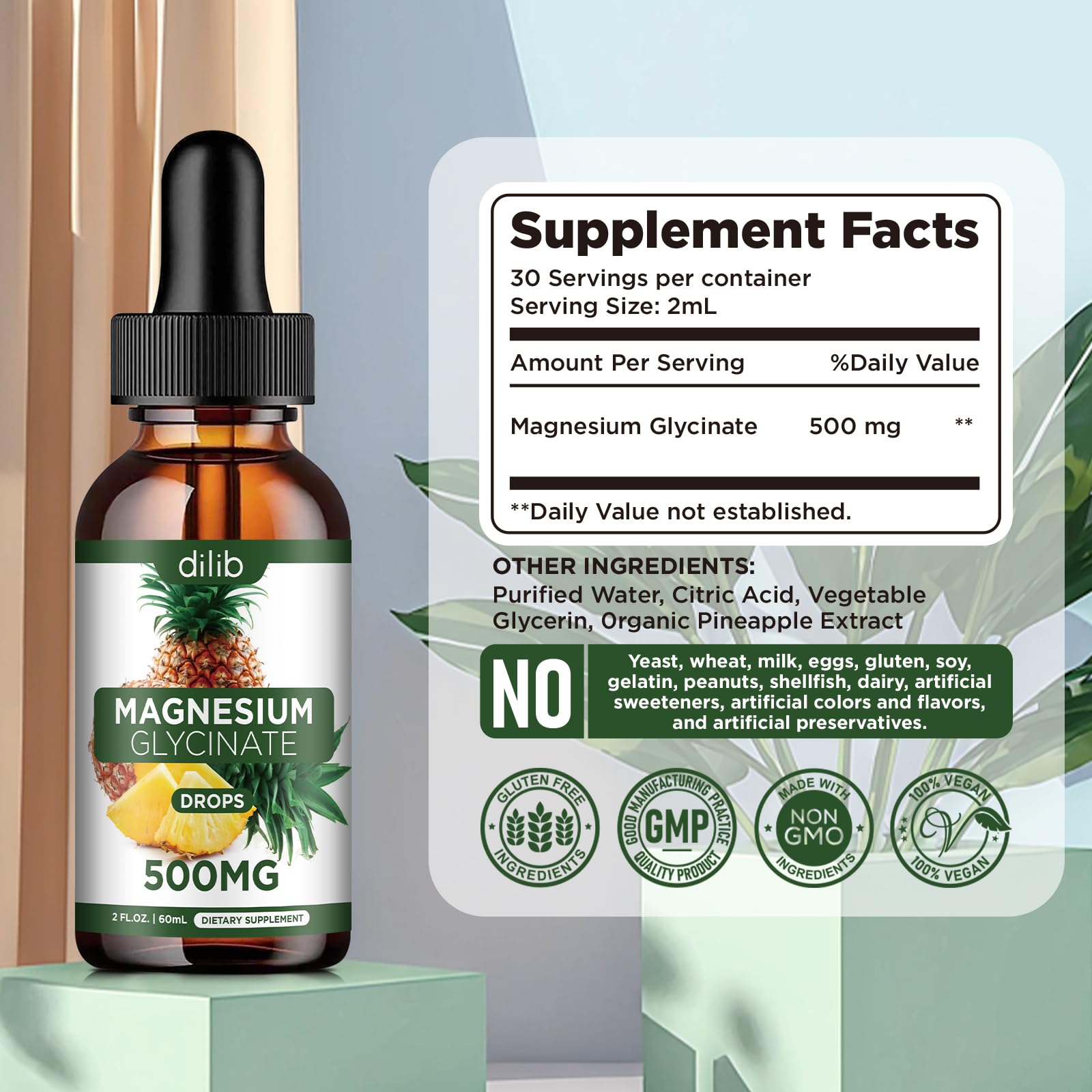 Magnesium Glycinate Supplement, Liquid Magnesium Glycinate Liquid Drops 500mg-Support Stress Relief, Relaxation, Mood, Sleep, Bone & Muscle-2 Fl Oz, Vegan, Pineapple Flavor - dailyvitalstore