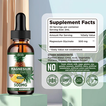 Magnesium Glycinate Supplement, Liquid Magnesium Glycinate Liquid Drops 500mg-Support Stress Relief, Relaxation, Mood, Sleep, Bone & Muscle-2 Fl Oz, Vegan, Pineapple Flavor - dailyvitalstore