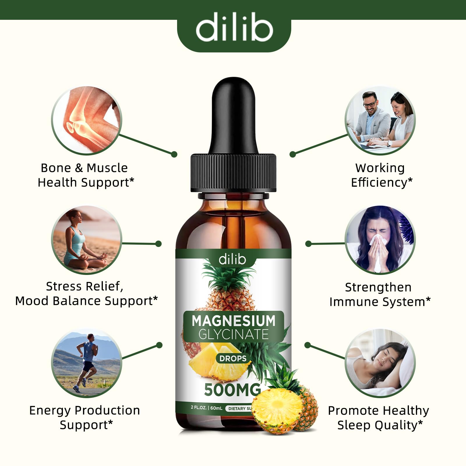 Magnesium Glycinate Supplement, Liquid Magnesium Glycinate Liquid Drops 500mg-Support Stress Relief, Relaxation, Mood, Sleep, Bone & Muscle-2 Fl Oz, Vegan, Pineapple Flavor - dailyvitalstore