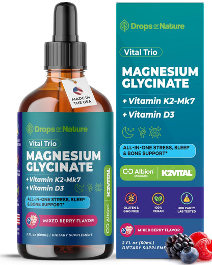 Magnesium Glycinate, Vitamin K2 & D3 Supplement – GMO-Free – VIT D MK7 K2 Vitamin Supplement & Magnesium Blend – with Nutrients for Bone Nutrition & Cardiovascular Function (Mixed Berry, 60 mL) - dailyvitalstore