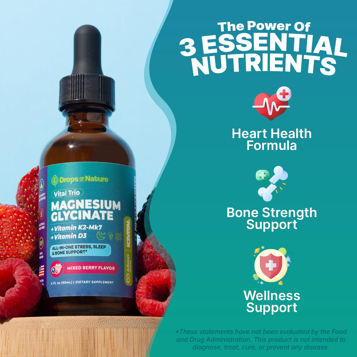 Magnesium Glycinate, Vitamin K2 & D3 Supplement – GMO-Free – VIT D MK7 K2 Vitamin Supplement & Magnesium Blend – with Nutrients for Bone Nutrition & Cardiovascular Function (Mixed Berry, 60 mL) - dailyvitalstore