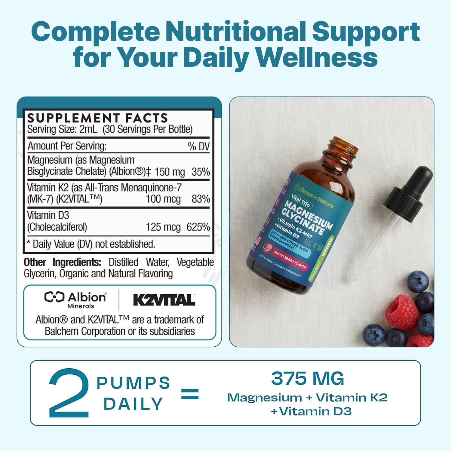 Magnesium Glycinate, Vitamin K2 & D3 Supplement – GMO-Free – VIT D MK7 K2 Vitamin Supplement & Magnesium Blend – with Nutrients for Bone Nutrition & Cardiovascular Function (Mixed Berry, 60 mL) - dailyvitalstore