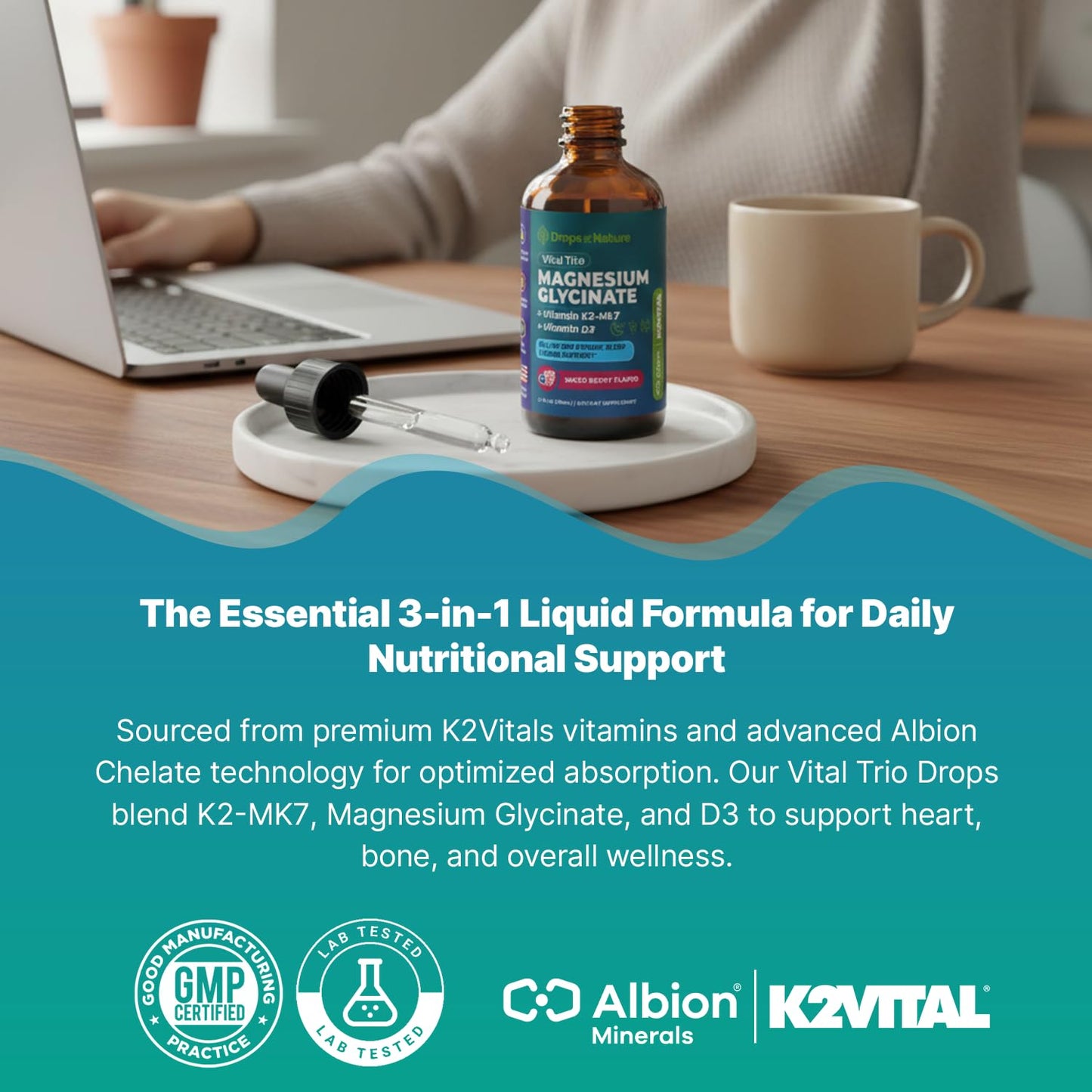 Magnesium Glycinate, Vitamin K2 & D3 Supplement – GMO-Free – VIT D MK7 K2 Vitamin Supplement & Magnesium Blend – with Nutrients for Bone Nutrition & Cardiovascular Function (Mixed Berry, 60 mL) - dailyvitalstore