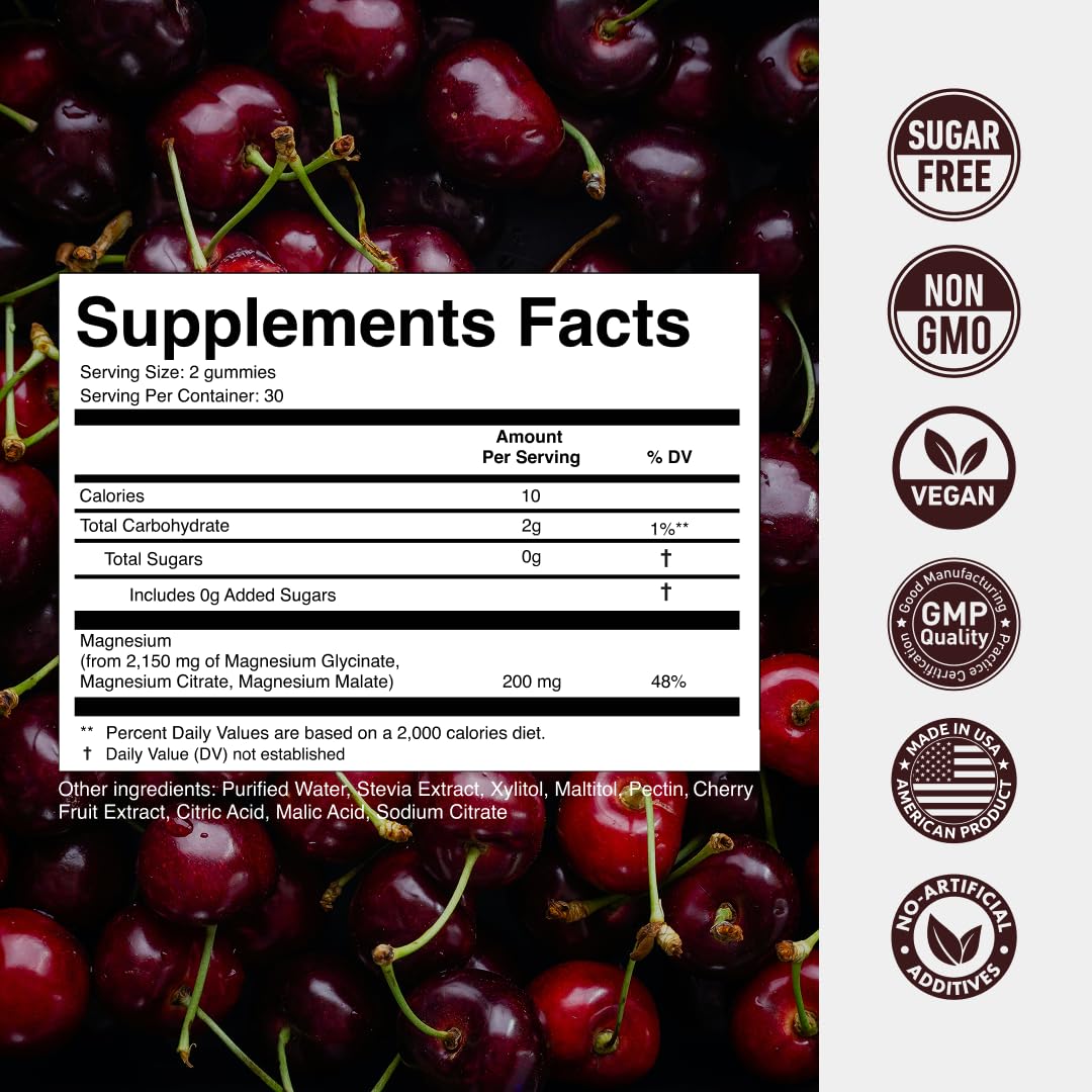 Magnesium Gummies 3in1 - Glycinate, Citrat, Malate 2150 MG High Absorption Supplement, Sugar-Free, Vegan, Chews for Men & Women, Inspired by Wellness Traditions Like Arjuna, 60 Gummies, Cherry Flavor - dailyvitalstore