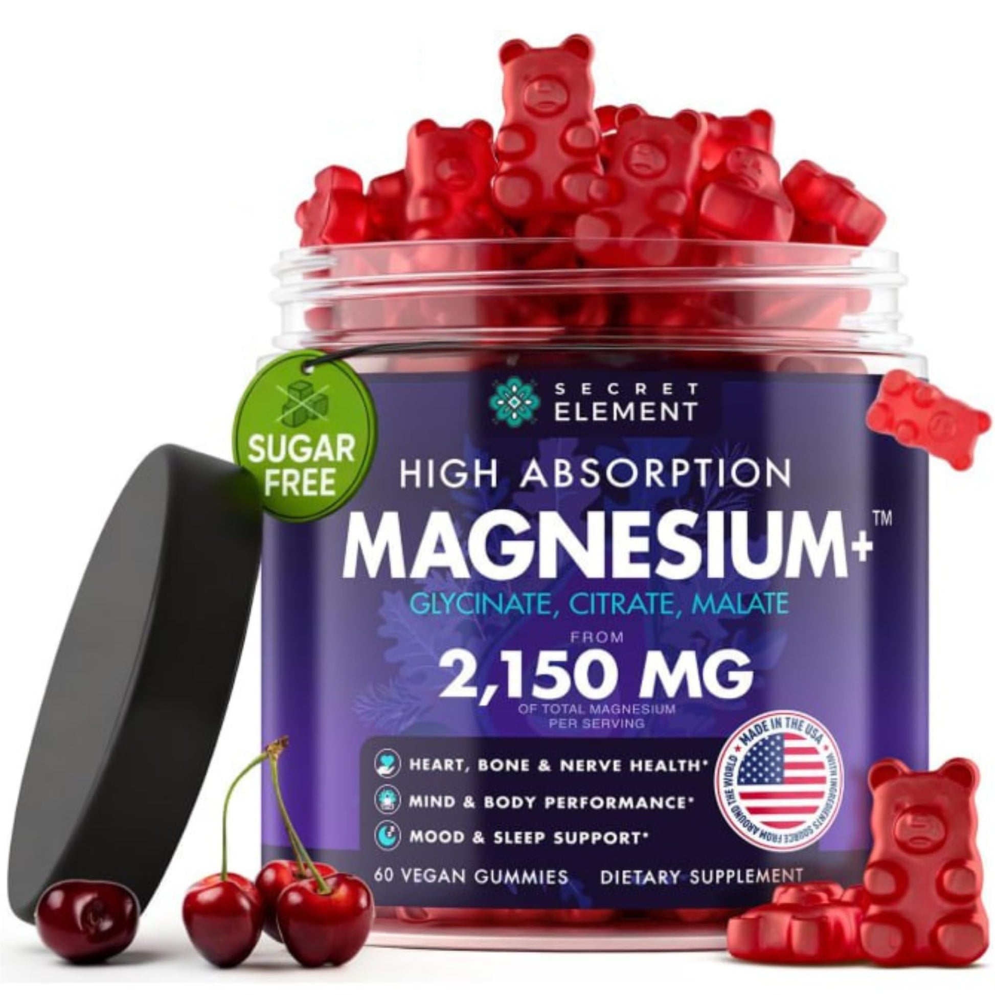 Magnesium Gummies 3in1 - Glycinate, Citrat, Malate 2150 MG High Absorption Supplement, Sugar-Free, Vegan, Chews for Men & Women, Inspired by Wellness Traditions Like Arjuna, 60 Gummies, Cherry Flavor - dailyvitalstore