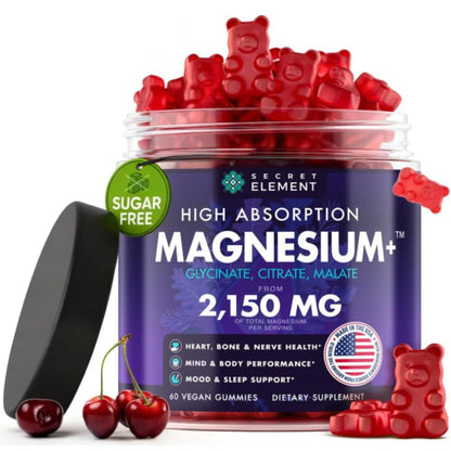 Magnesium Gummies 3in1 - Glycinate, Citrat, Malate 2150 MG High Absorption Supplement, Sugar-Free, Vegan, Chews for Men & Women, Inspired by Wellness Traditions Like Arjuna, 60 Gummies, Cherry Flavor - dailyvitalstore
