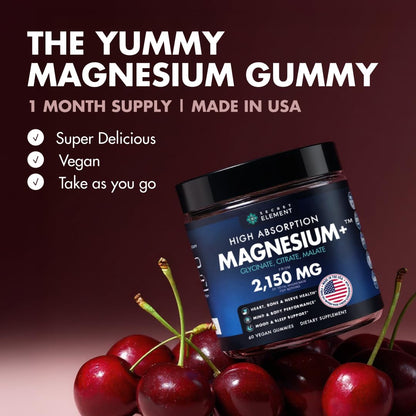 Magnesium Gummies 3in1 - Glycinate, Citrat, Malate 2150 MG High Absorption Supplement, Sugar-Free, Vegan, Chews for Men & Women, Inspired by Wellness Traditions Like Arjuna, 60 Gummies, Cherry Flavor - dailyvitalstore