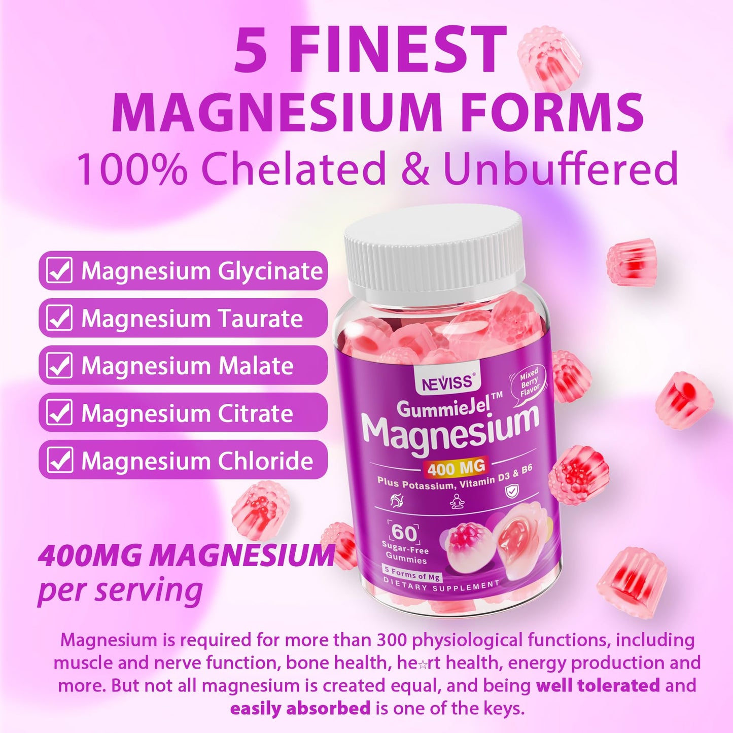 Magnesium Gummies 400mg | 5-in-1 Magnesium Complex for Women & Men: Mag Glycinate, Citrate, Malate, Chloride & Taurate | w/Ashwagandha, D3 & Zinc for Relaxtion, - dailyvitalstore