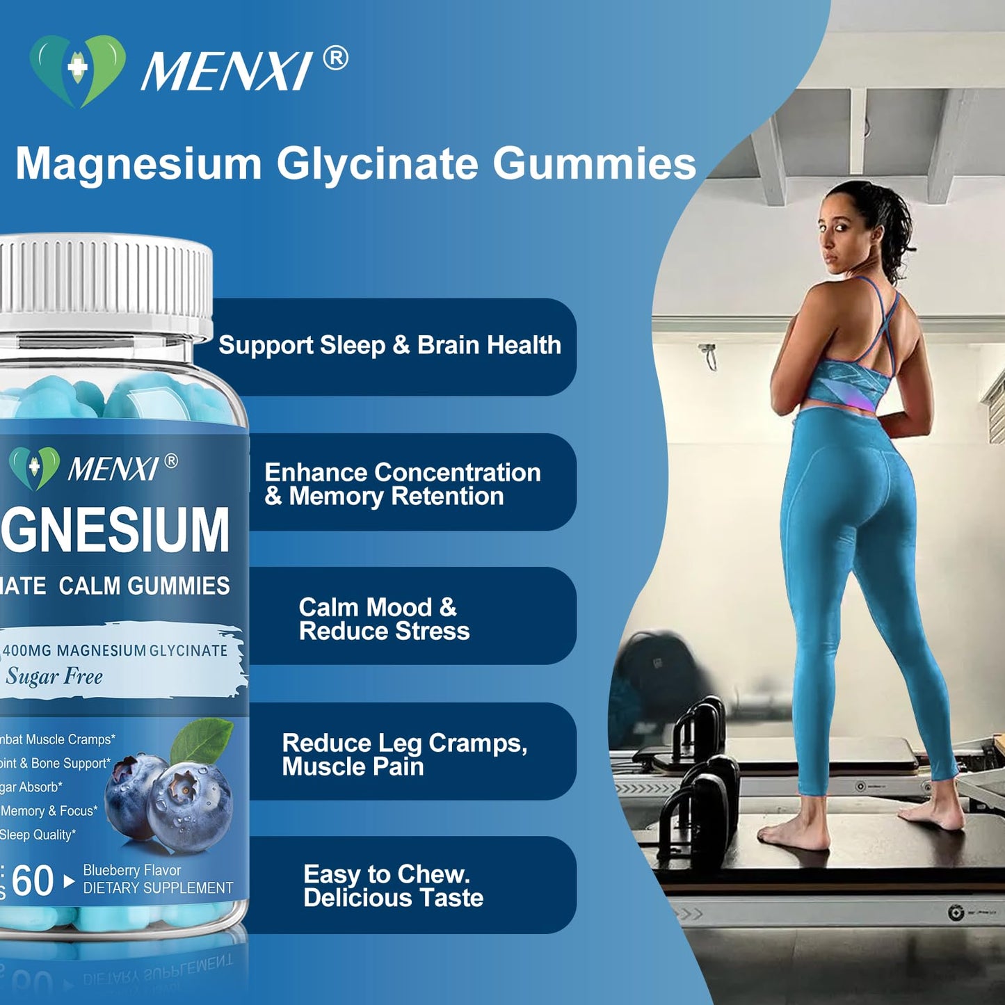 Magnesium Gummies 600mg per Serving-Magnesium Glycinate 400mg and Magnesium Malate 200mg,Sugar Free Magnesium Potassium Supplement for Calm Mood, Muscle, Bone & Sleep Support,60 Blueberry Gummies - dailyvitalstore