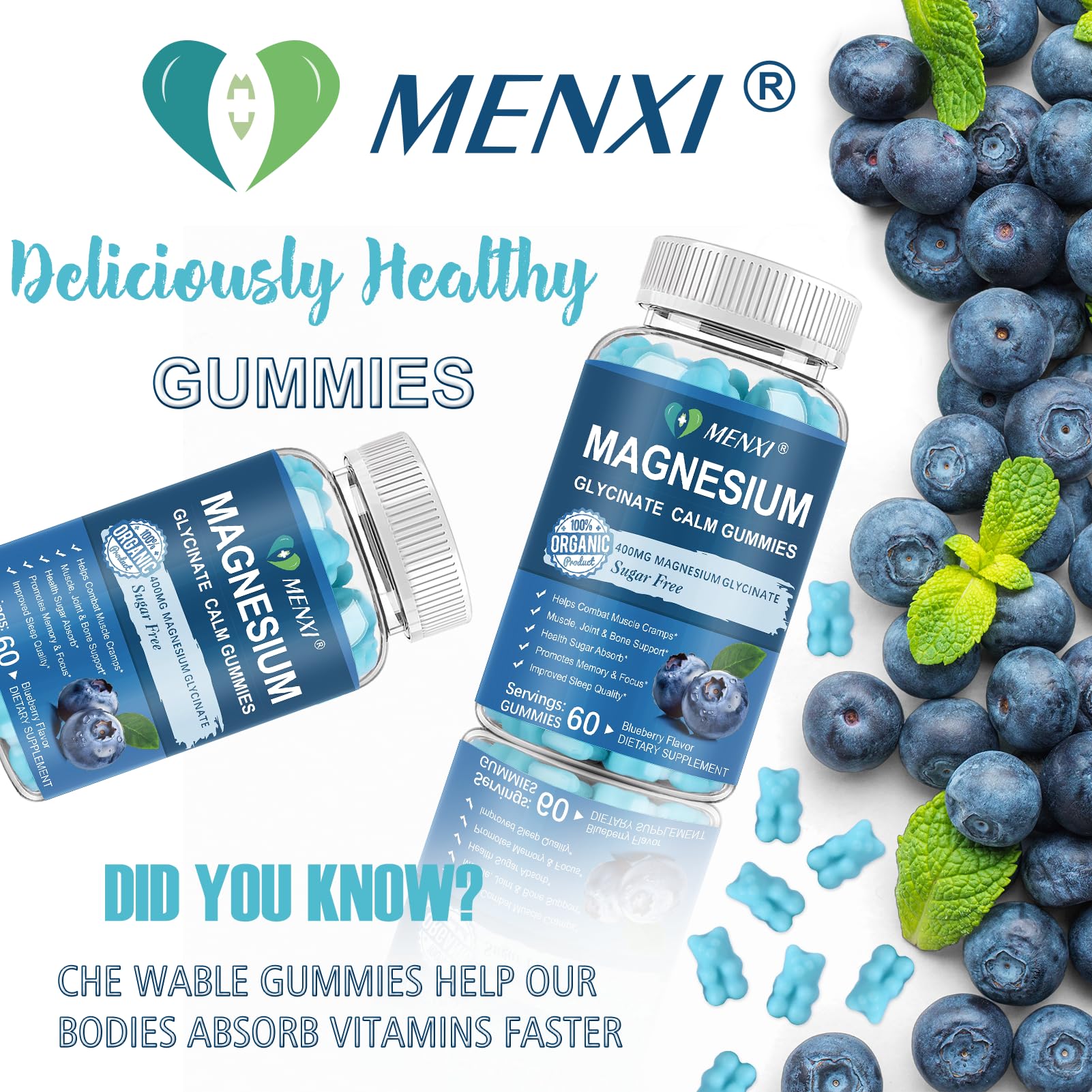 Magnesium Gummies 600mg per Serving-Magnesium Glycinate 400mg and Magnesium Malate 200mg,Sugar Free Magnesium Potassium Supplement for Calm Mood, Muscle, Bone & Sleep Support,60 Blueberry Gummies - dailyvitalstore