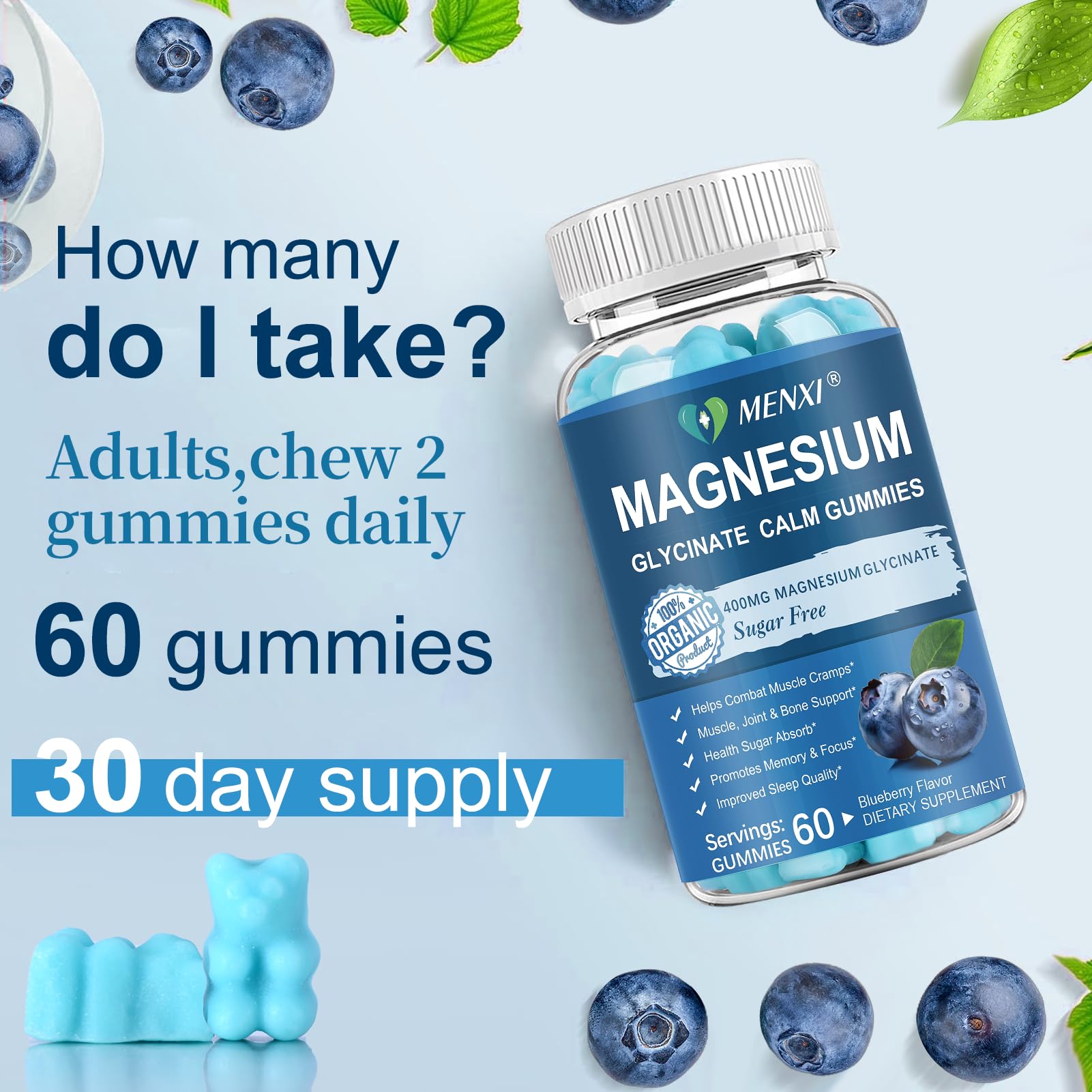 Magnesium Gummies 600mg per Serving-Magnesium Glycinate 400mg and Magnesium Malate 200mg,Sugar Free Magnesium Potassium Supplement for Calm Mood, Muscle, Bone & Sleep Support,60 Blueberry Gummies - dailyvitalstore