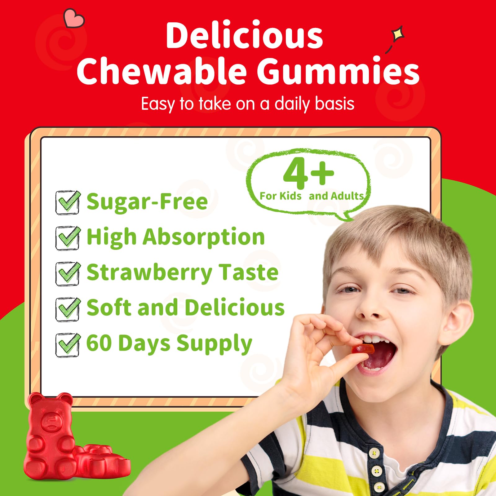 Magnesium Gummies for Kids - Magnesium Glycinate Gummies Supplement with L-Theanine, Vitamin B6, D3 for Kids & Adults Sleep, Calm, Relaxation, Brain, Bones, Sugar Free Strawberry 60ct - dailyvitalstore